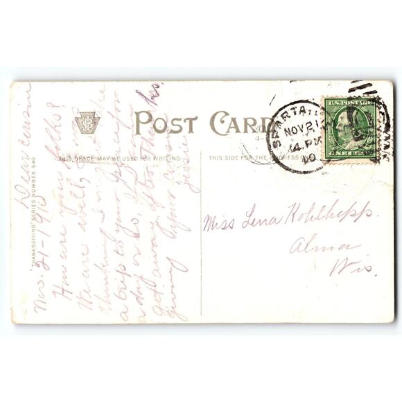 Vintage 1909 Thanksgiving Greetings Turkey & Scenic Lithograph Postcard - Picture 2 of 2
